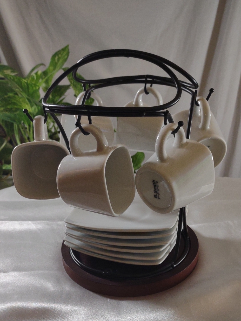 B. Smith White Ceramic Espresso Cup and Saucer Set w/Wood & Wire Rack